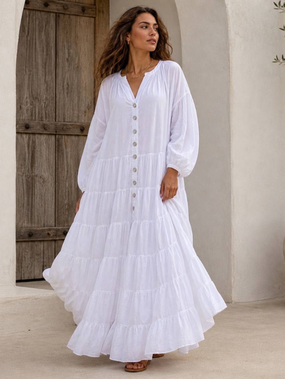 Erika Pena Ella White Tiered Maxi Dress Cotton Voile Button Front Boho OS NWT